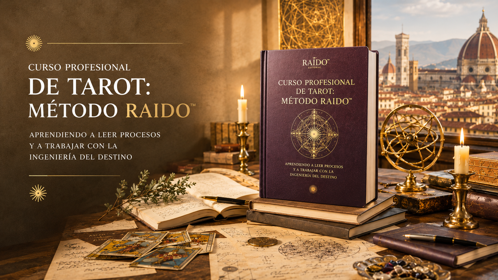 Curso Profesional de Tarot Método Raido Viking™ — edición cinematográfica con libro de tapa dura, cartas y atmósfera editorial florentina